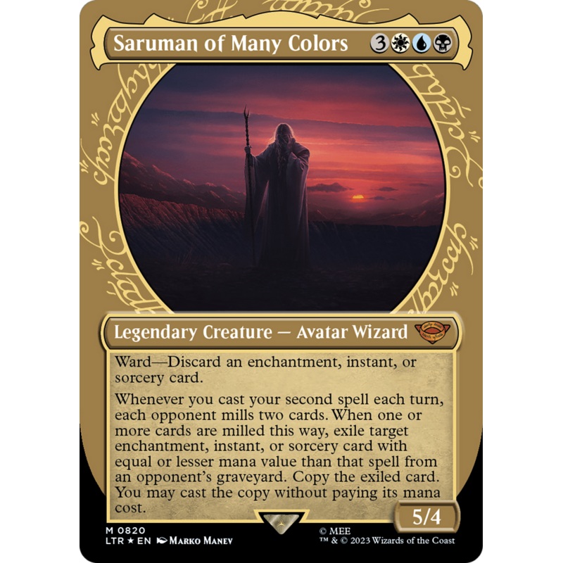 Saruman of Many Colors (LTR-820) – The Lord of the Rings: Tales of Middle-earth: (Showcase) (Borderless) Surge Foil [Mythic]