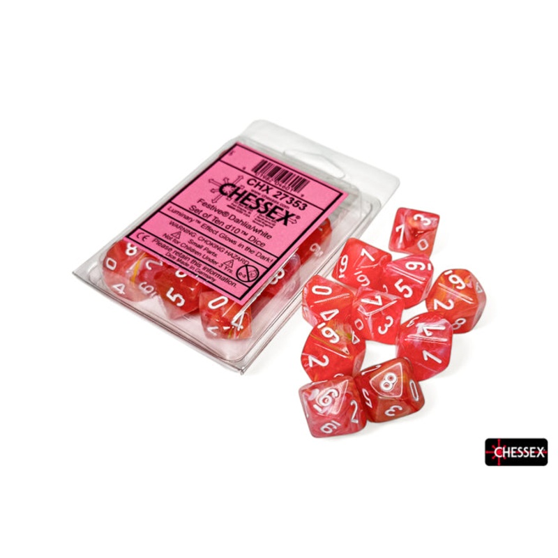 Chessex – CHX 27353 Festive Dahlia/white Luminary Set of Ten d10s (Preorder)