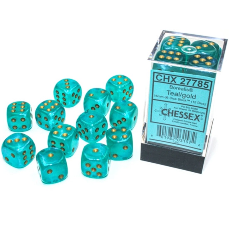 Chessex – Borealis 16mm d6 Teal/gold Luminary Dice Block (12 dice)