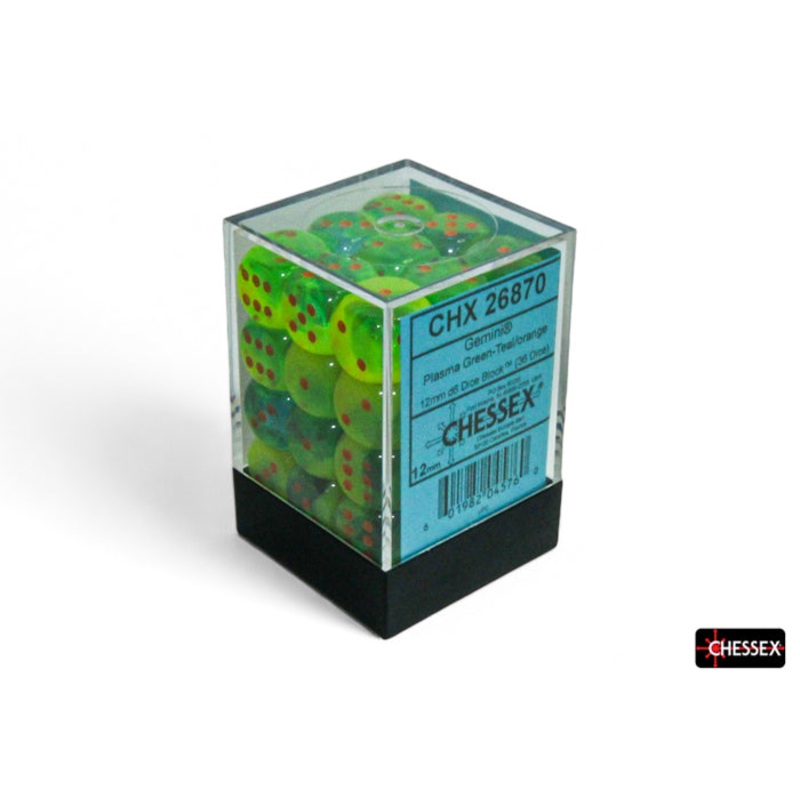 Chessex – CHX 26870 Gemini Plasma Green-Teal/orange Luminary 12mm d6 Dice Block (36 dice) (Preorder)